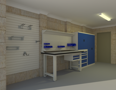 <b>Project 1: Design</b>
- Large heavy duty 1800mm workbench
- Backboard to help organise the work area
- Tool chest and storage cabinets for items
- Wall organising system for common items